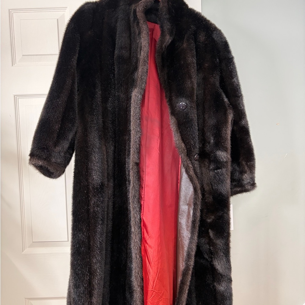Women’s Dark Brown Fur Coat with Red Lining